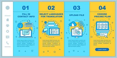 Translation service onboarding mobile web pages vector template. Upload file. Responsive smartphone website interface idea with linear illustrations. Webpage walkthrough step screens. Color concept