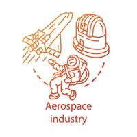 Aerospace industry concept icon. Space exploration. Spacecraft, cosmonaut, observatory. Cosmos exploring. Astronautics idea thin line illustration. Vector isolated outline drawing. Editable stroke