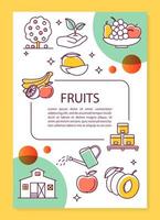 Fruit production poster template layout. Farming organic produce. Banner, booklet, leaflet print design with linear icons. Vector brochure page layouts for magazines, advertising flyers