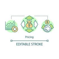 Pricing concept icon. On demand economy benefit idea thin line illustration. Market growth, business competition. Rising graph, money bag and handshake vector isolated outline drawing. Editable stroke