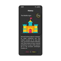 Learning history smartphone interface vector template. Mobile app page black design layout. Self study progress screen. Flat UI for application. Digital history textbook phone display