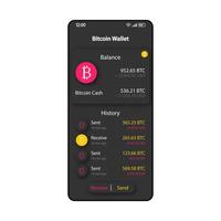 Plantilla de vector de interfaz de teléfono inteligente organizador de billetera bitcoin. diseño de la página de la aplicación móvil en negro. pantalla de pago en línea. interfaz de usuario plana para la aplicación. pantalla del teléfono del administrador de criptomonedas