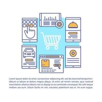 On demand services article page vector template. E commerce brochure, magazine, booklet design element with linear icons and text boxes. Print design. Concept illustrations with text space