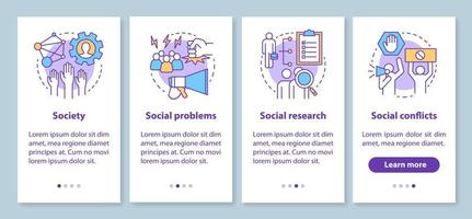 Sociology onboarding mobile app page screen with linear concepts. Society, social problems, conflicts walkthrough steps graphic instructions. Social research. UX, UI, GUI vector template with icons