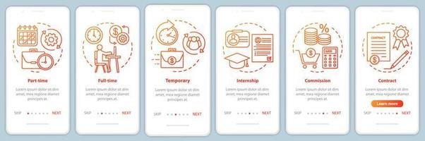 Jobs types orange onboarding mobile app page screen vector template. Full-time, temporary, internship. Walkthrough website steps with linear illustrations. UX, UI, GUI smartphone interface concept