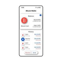 Plantilla de vector de interfaz de teléfono inteligente de billetera de bitcoin. diseño de página de aplicación móvil en blanco. pantalla del organizador de criptomonedas. interfaz de usuario plana para la aplicación. pantalla del teléfono de transacciones monetarias