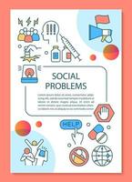 Social problems poster template layout. Social disorganization, conflicts, crimes. Banner, booklet, leaflet design with linear icons. Vector brochure page layouts for magazines, advertising flyers