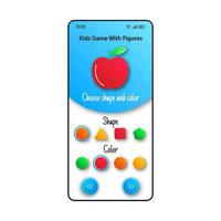 Kids game smartphone interface vector template. Mobile app page white and blue design layout. Learning shapes and colors screen. Flat UI for application. Basic knowledge for children phone display