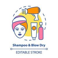 Shampoo and blow dry concept icon. Hair care and treatment products. Hairstyling idea thin line illustration. Hairdresser salon, hairstylist parlor. Vector isolated outline drawing. Editable stroke