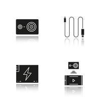 Conjunto de iconos negros de sombra de caída de cámara de acción. cable mini usb, batería, cámara de acción para conexión inalámbrica de teléfono inteligente. ilustraciones vectoriales aisladas vector