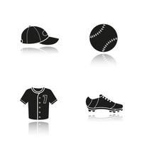 Baseball drop shadow black icons set. Softball equipment. Ball, cap, shoe and t-shirt. Isolated vector illustrations