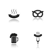Beer snacks drop shadow black icons set. Steaming sausage on fork, bratwurst, brezel, foamy beer glass. Isolated vector illustrations
