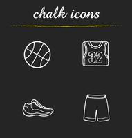 Conjunto de iconos de tiza de baloncesto. pelota, zapato, camiseta, pantalones cortos. uniforme de jugador de baloncesto. ilustraciones de pizarra vector aislado