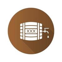 Alcohol wooden barrel. Flat design long shadow icon. Whiskey or rum barrel with tap, drop and xxx sign. Vector silhouette symbol