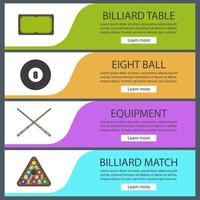 Billiard banner templates set. Snooker ball rack, crossed cues, table, eight ball. Website menu items. Color web banner. Vector headers design concepts