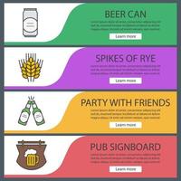 Beer banner templates set. Spikes of rye, beer can and toasting bottles, pub signboard. Website menu items. Color web banner. Vector headers design concepts