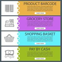 Supermarket banner templates set. Grocery store. Product barcode, cash register, shopping basket, money. Website menu items with linear icons. Color web banner. Vector headers design concepts