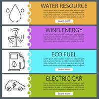 Conjunto de plantillas de banner de energía ecológica. recursos hídricos, ecoenergía y combustible, coche eléctrico. elementos del menú del sitio web con iconos lineales. banner web en color. conceptos de diseño de encabezados vectoriales vector