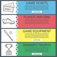 Baseball banner templates set. Softball bat and ball, winner's award, player's shoe, game tickets. Website menu items with linear icons. Color web banner. Vector headers design concepts