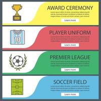 Soccer banner templates set. Football player uniform, winner's gold cup, ball in laurel wreath, soccer field. Website menu items. Color web banner. Vector headers design concepts