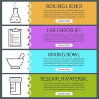 Science laboratory banner templates set. Mortar and pestle, medical tests jar, boiling liquid, lab checklist. Website menu items with linear icons. Color web banner. Vector headers design concepts