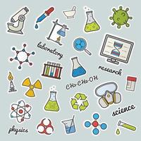 Chemical lab patches. Science. Color stickers, pins and badges set. Gas mask, molecule, atom, biohazard, recycle and radiation symbols, test tubes, flask with liquid. Vector isolated illustrations