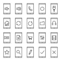 Smartphone linear icons set. Home page, playlist, listen to music, new document, folder, shopping, edit, search, rate, mute on and off buttons. Thin line contour symbols. Isolated vector illustrations