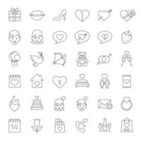 Valentine's Day linear icons set. Amour arrow and bow, teddy bear, present, man and woman, champagne, chatting, lovers bed, heart, 14 February. Thin line contour symbols. Isolated vector illustrations