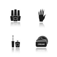 Manicure drop shadow black icons set. Nail polish bottles, woman's hand with manicure, cream jar. Isolated vector illustrations