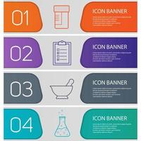 Chemical lab banner templates set. Tests jar, mortar and pestle, chemical reaction, test checklist. Website menu items with linear icons. Color web banner. Vector headers design concepts