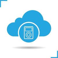 Cloud storage music icon. Drop shadow silhouette symbol. Cloud computing. Negative space. Vector isolated illustration