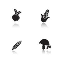 Vegetables drop shadow black icons set. Beet root, open peapod, mushrooms, corn. Isolated vector illustrations