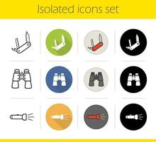 Camping equipment icons set. Flat design, linear, black and color styles. Multifunctional penknife, binoculars, flashlight. Isolated vector illustrations