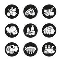 Conjunto de iconos de categorías de productos de tienda de abarrotes. hortalizas, frutas, frutos del bosque, carnes, productos lácteos y de cereales, confitería, mariscos, especias. ilustraciones de siluetas blancas vectoriales en círculos negros vector