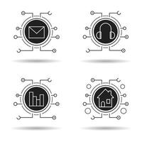 Cyber technology icons set. Music, statistics, email and smart house concepts. Letter, headphones, chart and home. Vector white illustrations in black circles
