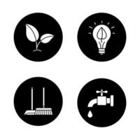 Environment protection icons set. Ecology sign, cleaning service, water resources, eco energy concept. Vector white silhouettes illustrations in black circles