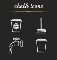 Cleaning service chalk icons set. Environment protection. Running tap water, recycle bins, mop. Isolated vector chalkboard illustrations