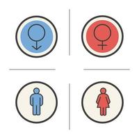 Gender symbols. Color icons set. Man and woman WC toilet door signs. Isolated vector illustrations