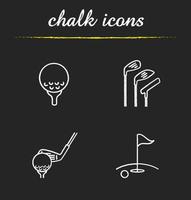 Golf chalk icons set. Golf course, clubs, ball on tee. Isolated vector chalkboard illustrations