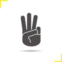 Three fingers up icon. Drop shadow silhouette symbol. Scout promise sign. Negative space. Vector isolated illustration