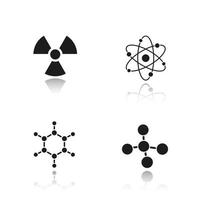 Chemistry and physics. Drop shadow black icons set. Atom, molecule and radioactive caution symbols. Radiation sign. Isolated vector illustrations