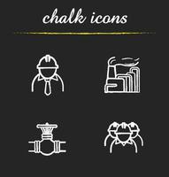 Industrial complex chalk icons set. Chemical factory, chief and workers, gas pipe valve. Isolated vector chalkboard illustrations