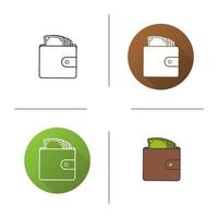 Wallet with money icon. Flat design, linear and color styles. Purse full of cash. Isolated vector illustrations