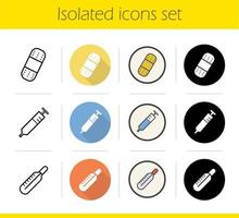 Medical equipment icons set. Flat design, linear, black and color styles. Thermometer, adhesive bandage and syringe. Isolated vector illustrations