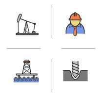 Oil industry color icons set. Drilling, industrial worker, oil pumpjack, offshore sea well. Isolated vector illustrations