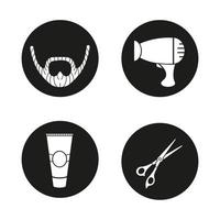 Barbershop icons set. Beard, hair dryer, aftershave tube, scissors. Vector white silhouettes illustrations in black circles