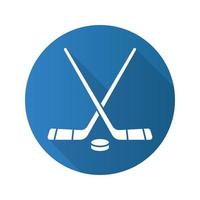Hockey sticks and puck. Flat design long shadow icon. Hockey game equipment. Vector silhouette symbol