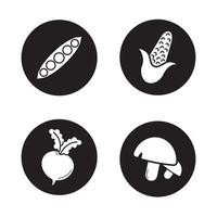 Vegetables icons set. Open pea pod, corn, beet, mushrooms. Vector white silhouettes illustrations in black circles
