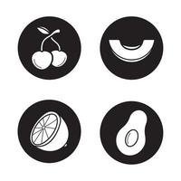 Fruit icons set. Cherries, melon slice, lemon half, open avocado. Vector white silhouettes illustrations in black circles