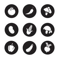 Vegetables icons set. Tomato, hot chili pepper, broccoli, potato, corn, mushrooms, beetroot, paprika, eggplant, maize, turnip. Vector white silhouettes illustrations in black circles